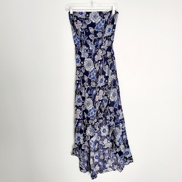 NEW Aqua Navy Blue Floral Print Asymmentric Dress - Picture 2 of 4